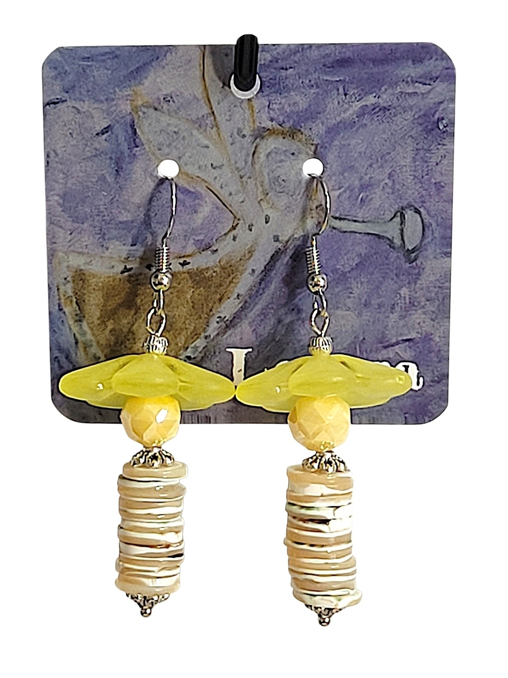 Hand Crafted Yellow Lucite, Glass & Mother of Pearl Shell Stack Dangle Earrings - Picture 6 of 10